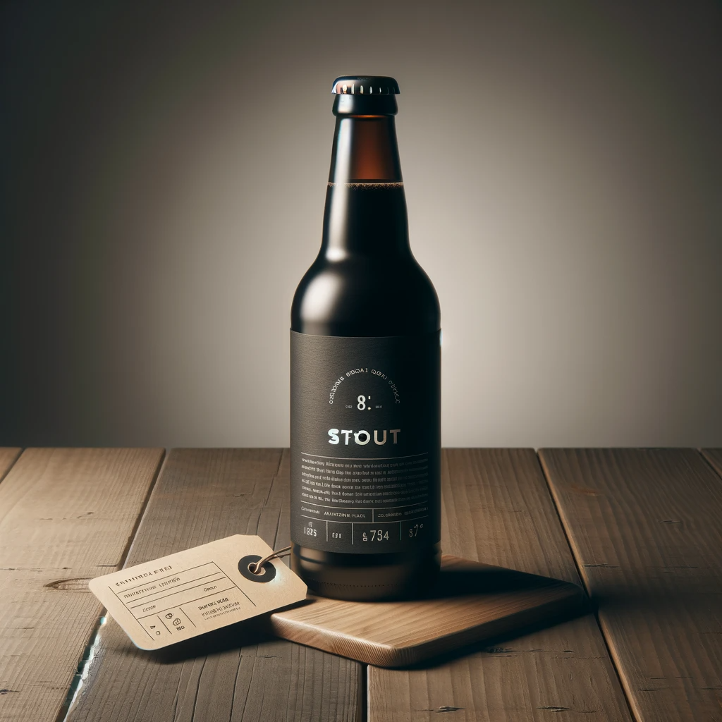 Features a single craft beer bottle, a stout. The bottle is dark and rich in color, with a minimalist and modern label.