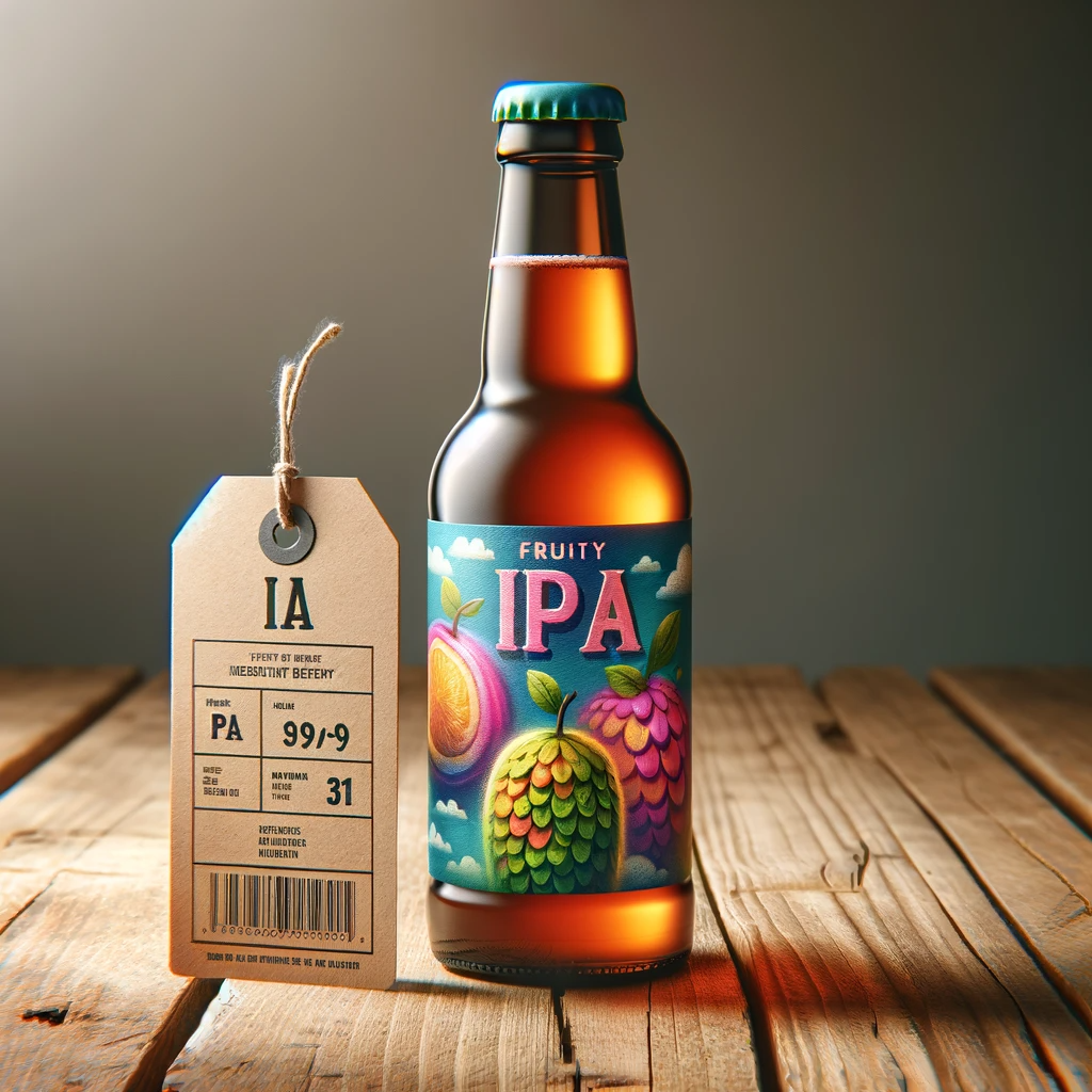 Features a single craft beer bottle, a fruity IPA. The bottle is vibrant in appearance, with a colorful and artistic label.